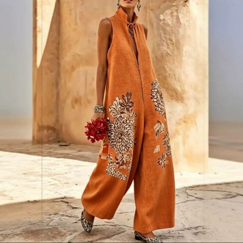 Women's Floral Wide-Leg Jumpsuit – Sleeveless Stand Collar