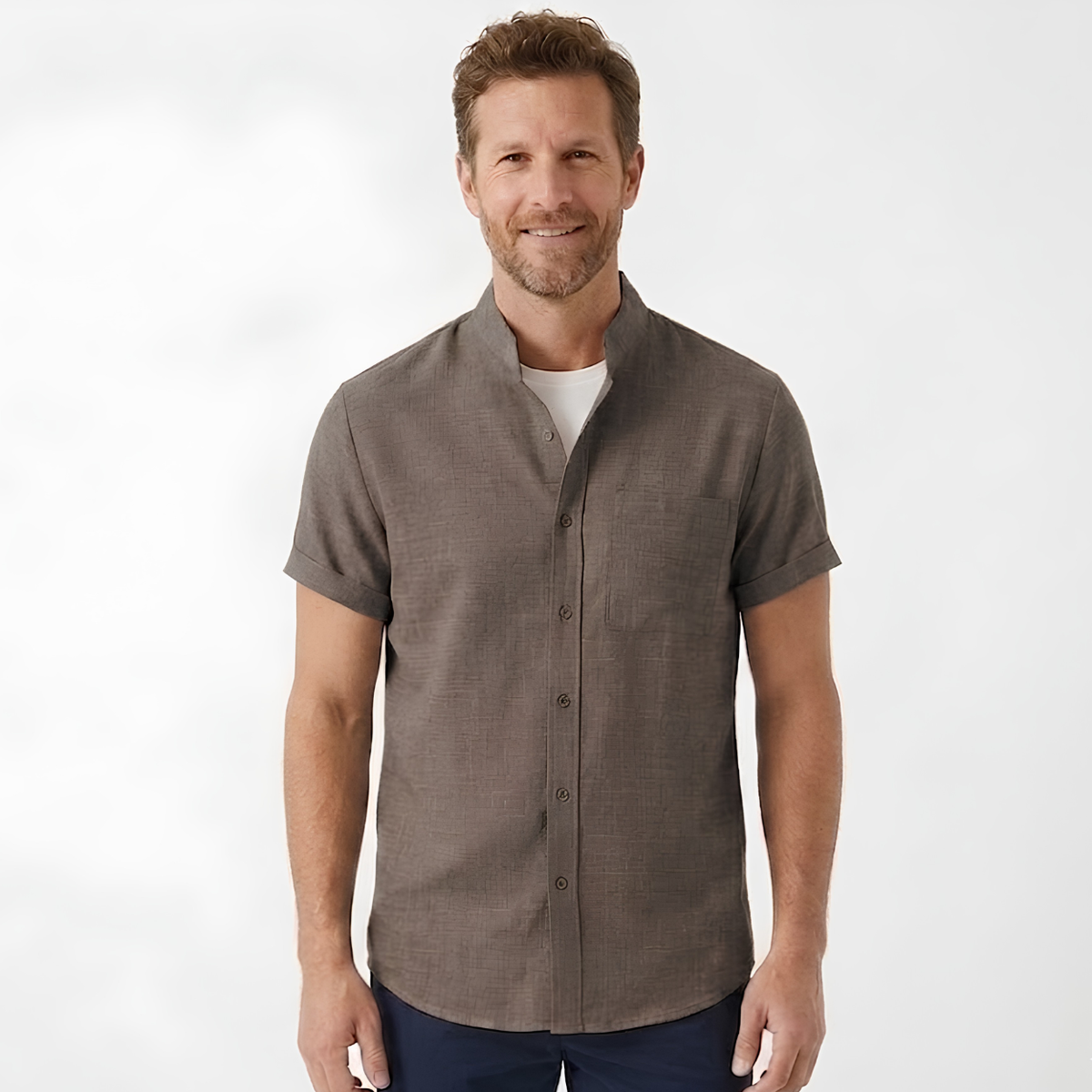 Men's Short-Sleeve Cotton-Linen Shirt – Mandarin Collar