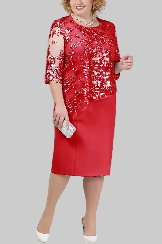 Women's Embroidered Midi Dress – Sheer Lace Sleeves