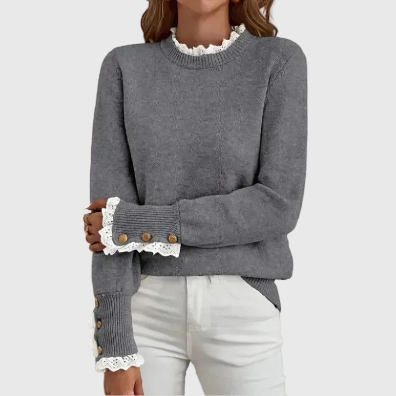 Women's Lace-Trim Knit Sweater – Ribbed Regular Fit