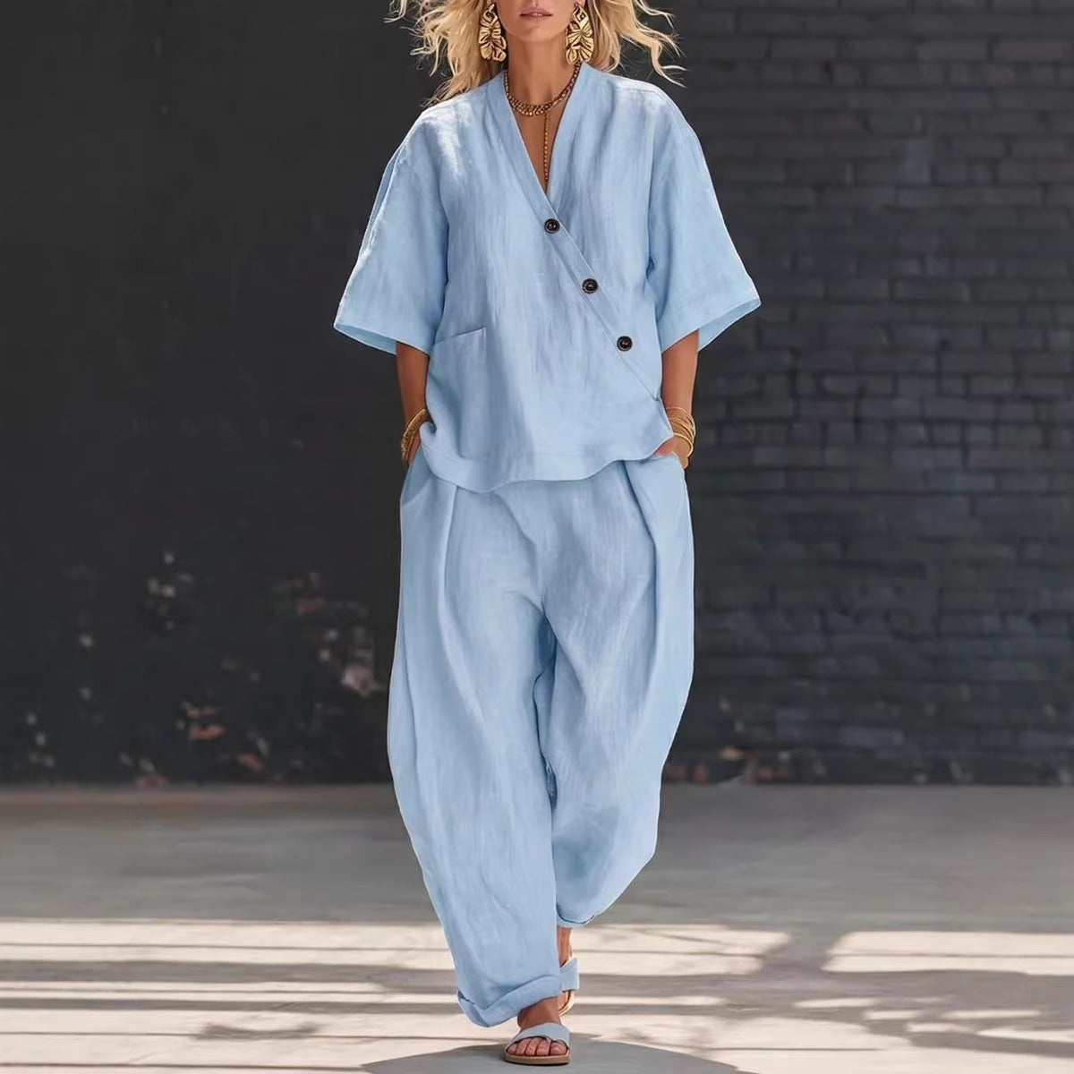 Women's V-Neck Top and Wide-Leg Pants Set – Relaxed Two-Piece