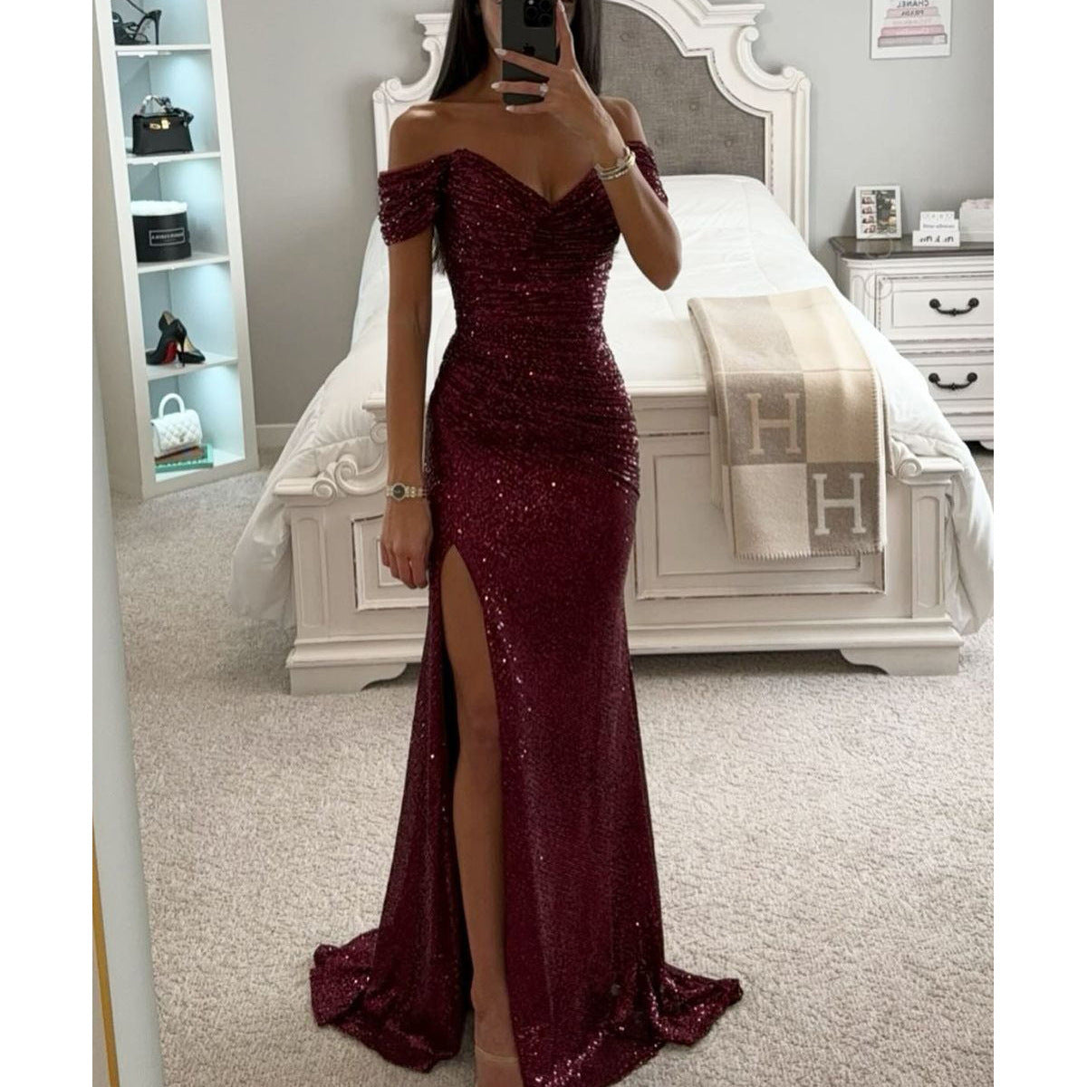 Women's Sequin Maxi Dress – Off-Shoulder High Slit