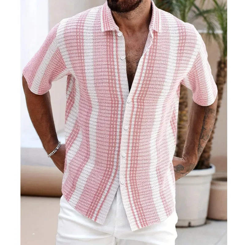 Men's Short-Sleeve Striped Shirt – Textured Weave