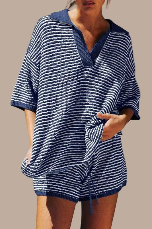 Women's Knit Two-Piece Set – V-Neck Top & Shorts