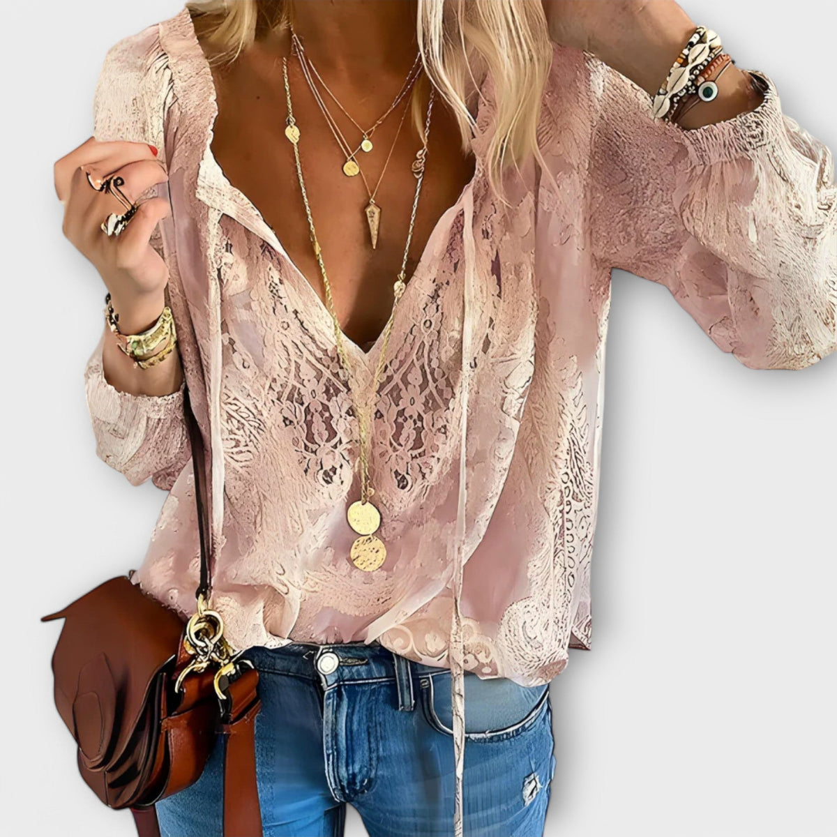 Women's V-Neck Long Sleeve Blouse – Relaxed Textured Boho