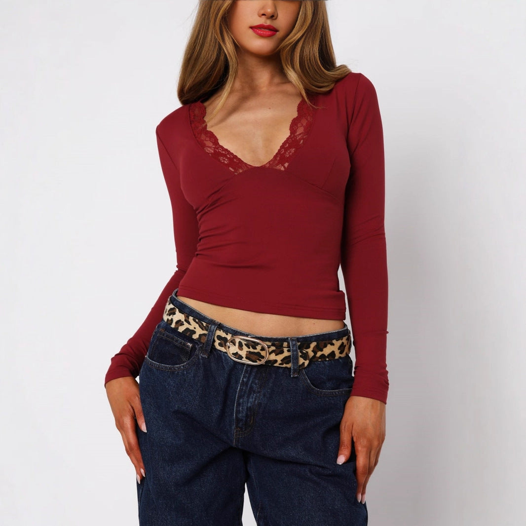 Women's Lace-Trim Blouse – Deep V-Neck Long Sleeve