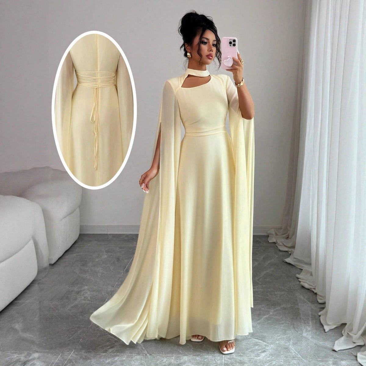 Women's Chiffon Maxi Dress – Cape Sleeve A-Line Gown