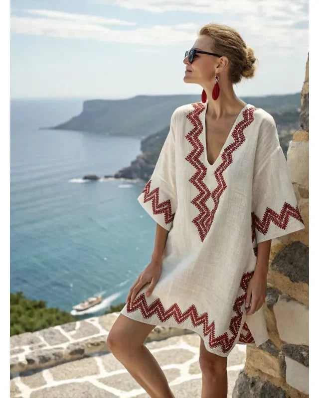 Women's Kaftan Mini Dress – Striped Trim V-Neck