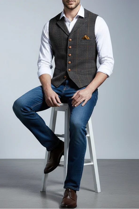 Men's Plaid Vest – Slim Lapel Collar Cut