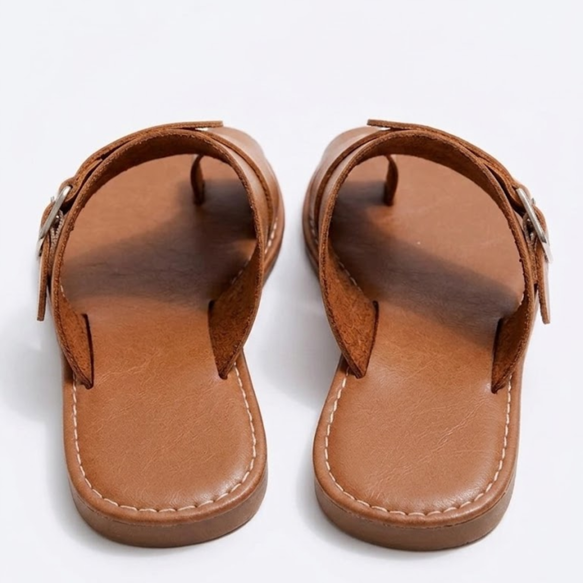 Women's Leather Flat Sandals – Square Toe Buckle Strap