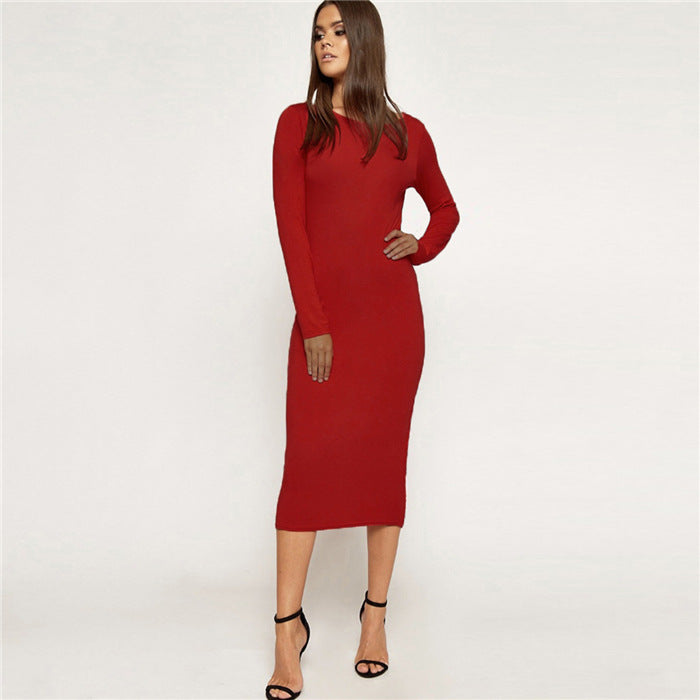 Women's Ribbed Knit Maxi Dress – Long Sleeve Fitted
