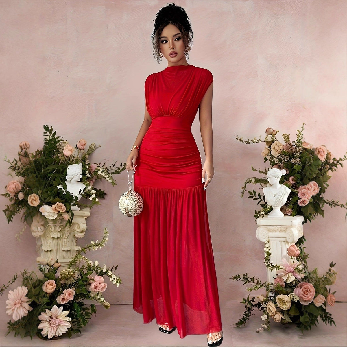 Women's Pleated Mesh Maxi Dress – High Neck Ruched Waist