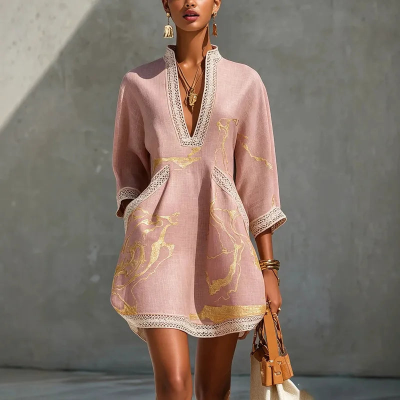 Women's Lace-Trim Mini Dress – V-Neck Three-Quarter Sleeve