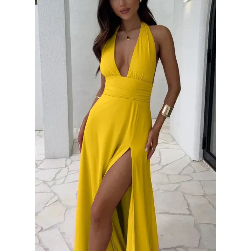 Women's Halter Maxi Dress – Plunging Neck and Side Slit