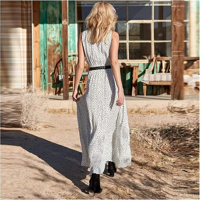 Women's Polka Dot Maxi Dress – Sleeveless V-Neck