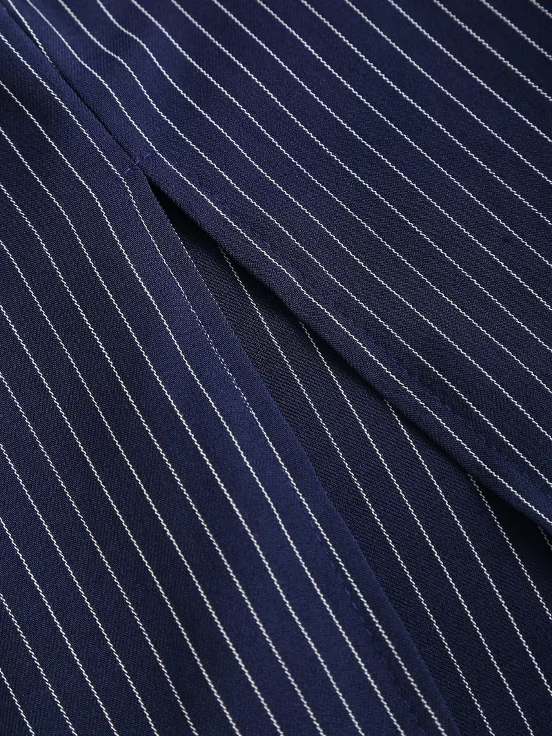 Women's Pinstripe Pencil Midi Dress – Belted Notched Lapel