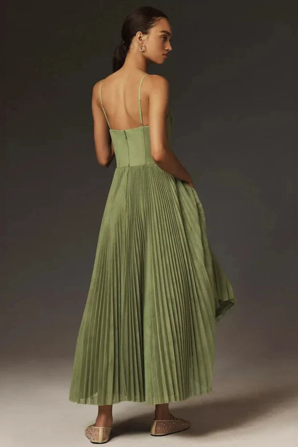 Women's Pleated Maxi Dress – Fitted Sleeveless Bodice