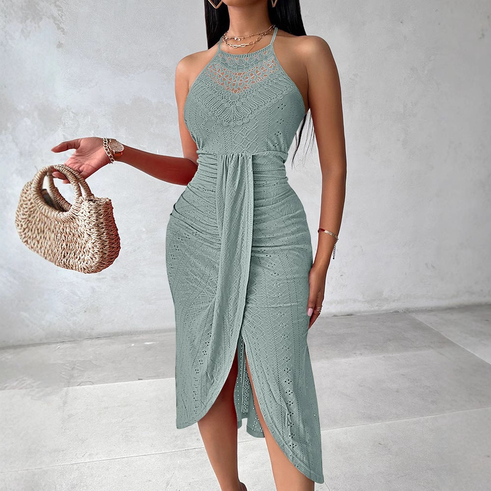 Women's Eyelet Lace Halter Maxi Dress – A-Line Front Slit
