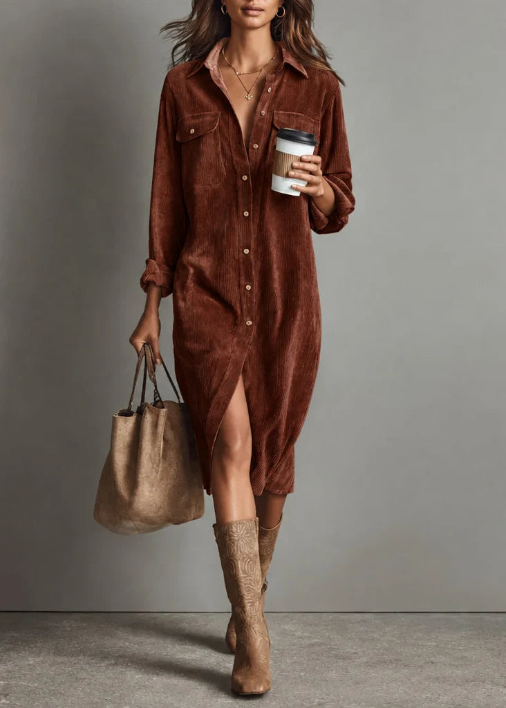 Women's Corduroy Shirt Dress – Asymmetrical Midi Skirt