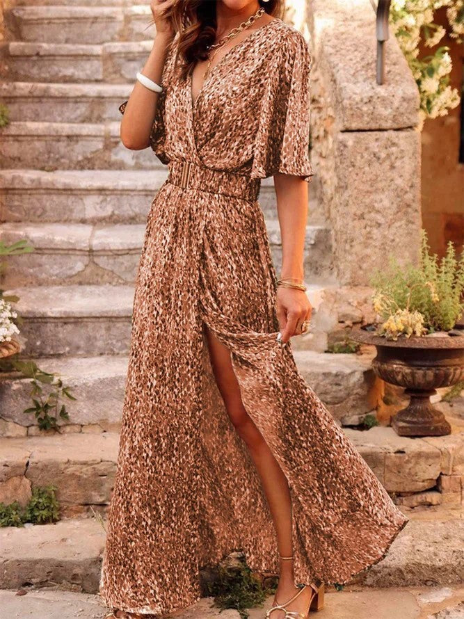 Women's Printed Wrap Maxi Dress – Flutter Sleeve Split Hem