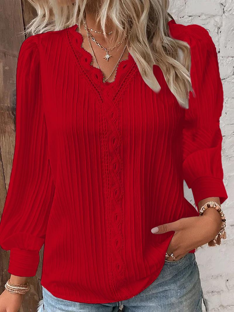 Women's Lace-Trim Blouse – Loose V-Neck Fit