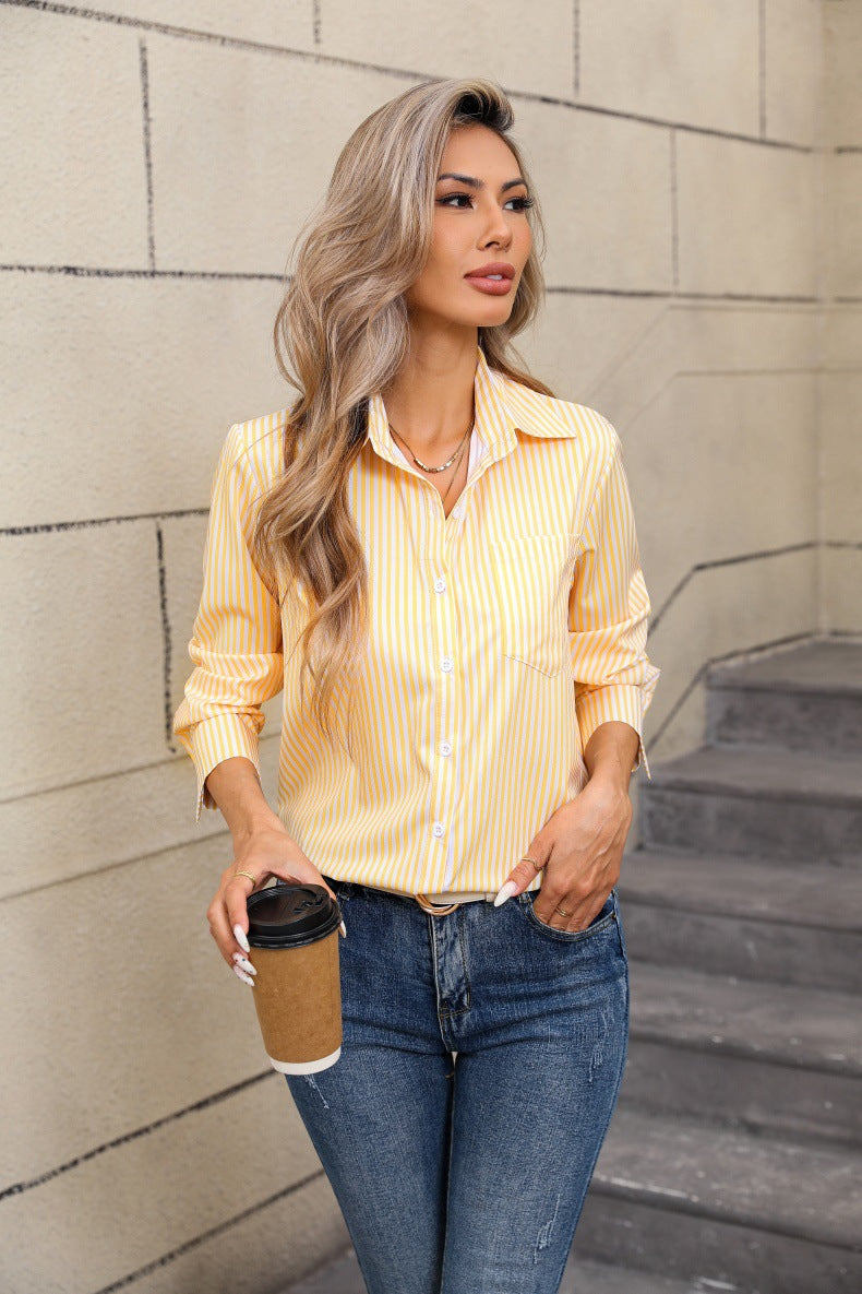 Women's Striped Button-Up Shirt – Contrast Cuff and Hem