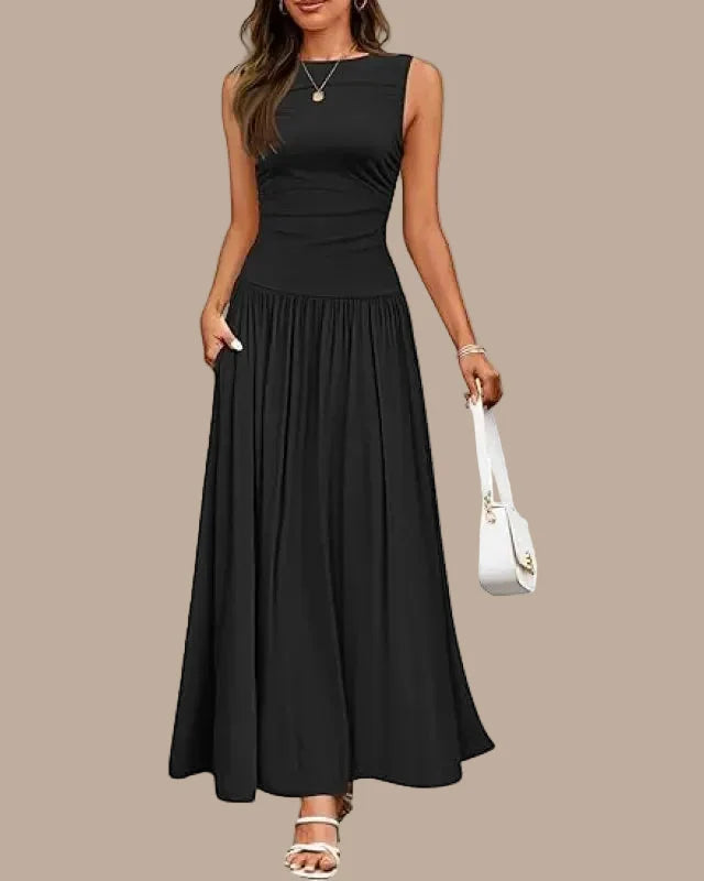 Women's Sleeveless Maxi Dress – Gathered Waist, Full Skirt