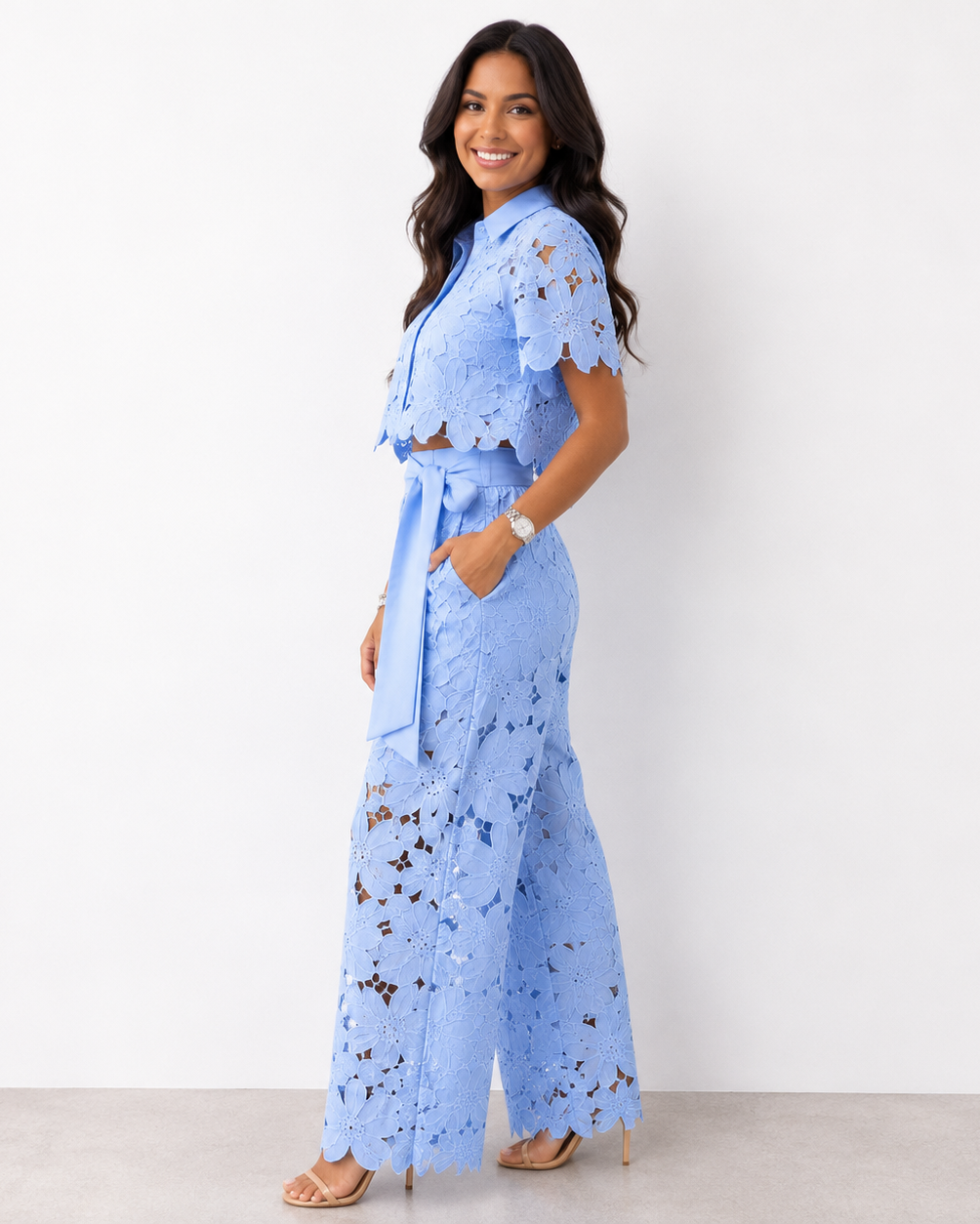 Women's Floral Lace Two-Piece Set – Tie-Waist Wide-Leg Pants
