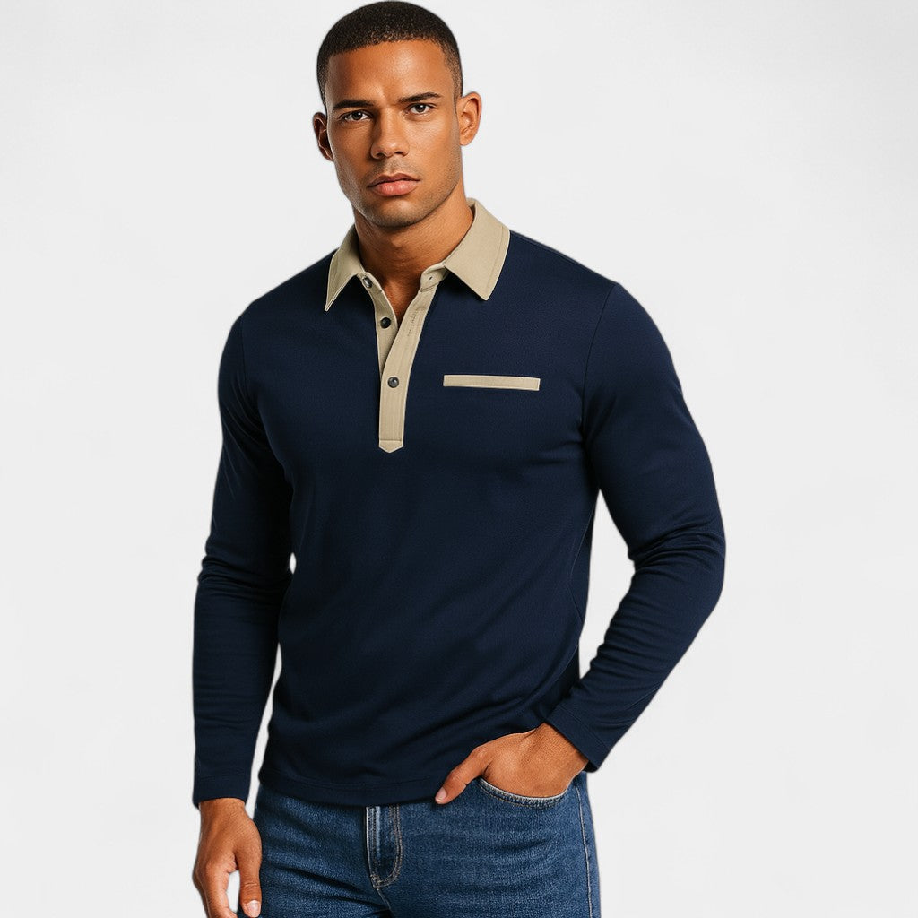 Men's Long-Sleeve Polo Shirt – Slim Fit Paneled Knit