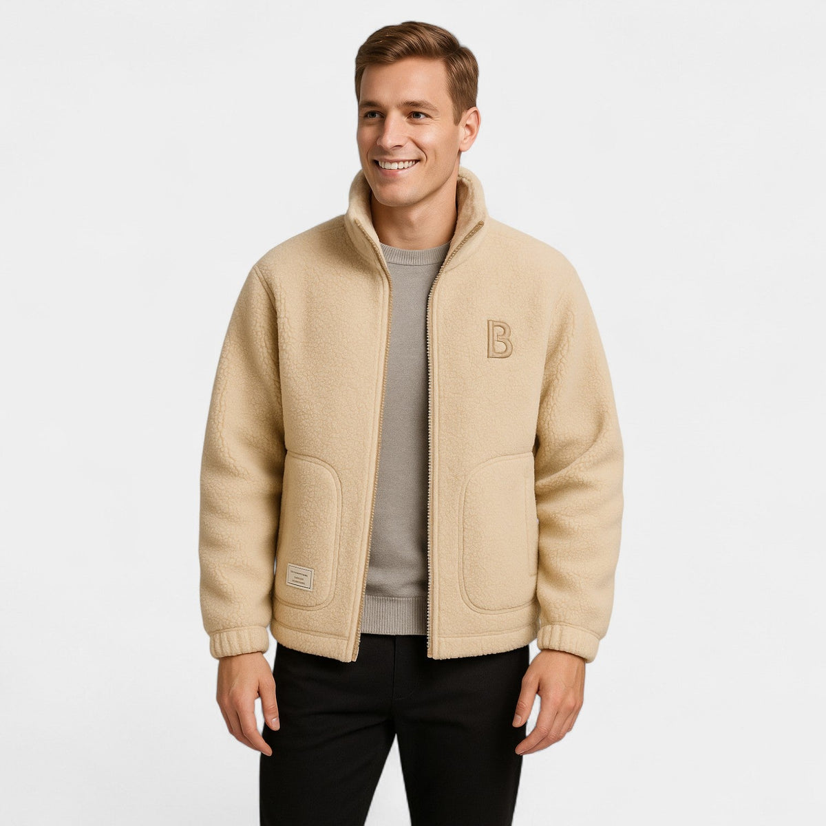 Men's Cashmere Varsity Jacket – Ribbed Collar, Structured Fit