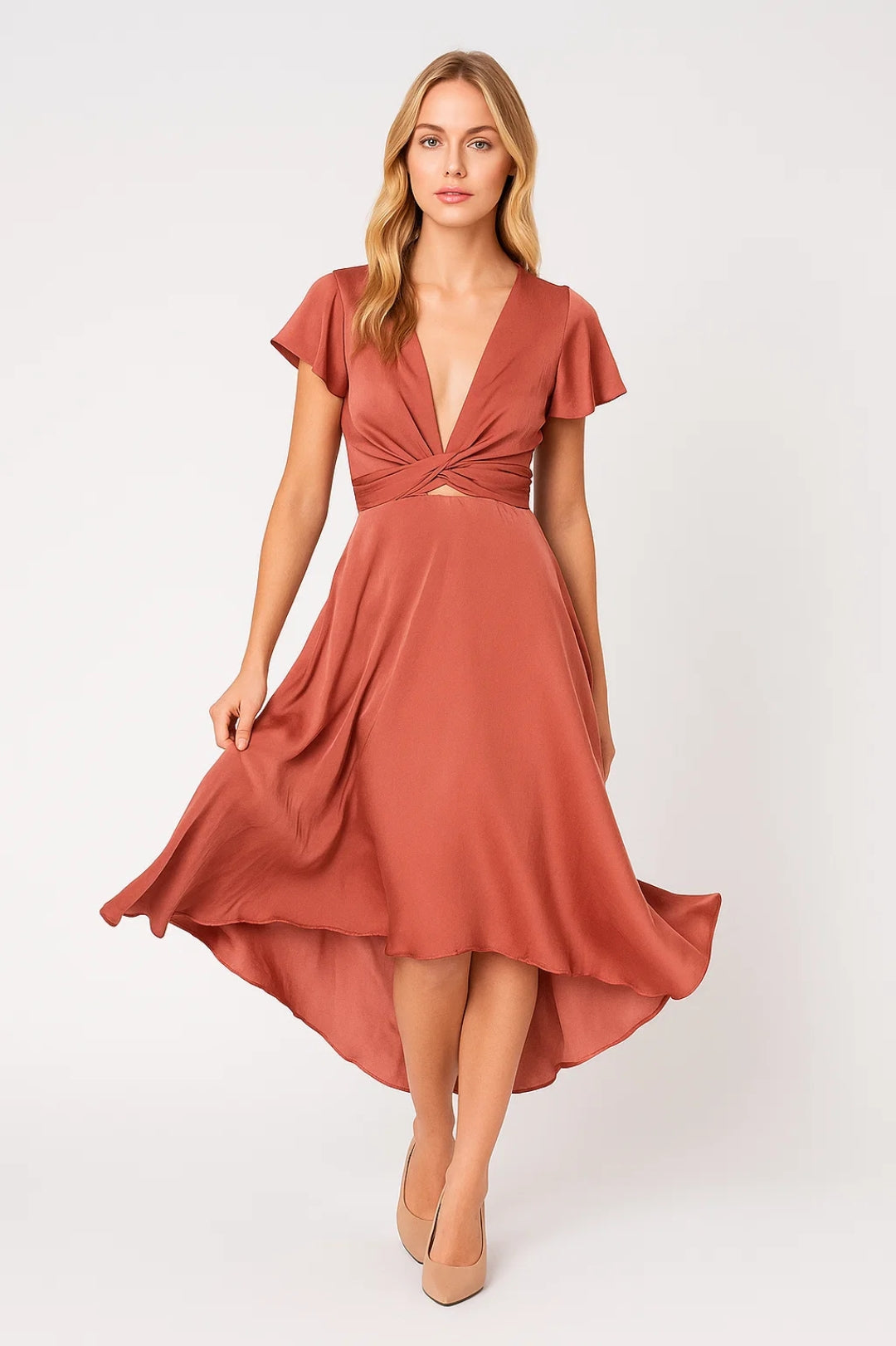 Women's Wrap Midi Dress – Asymmetric Hem, Tie Waist
