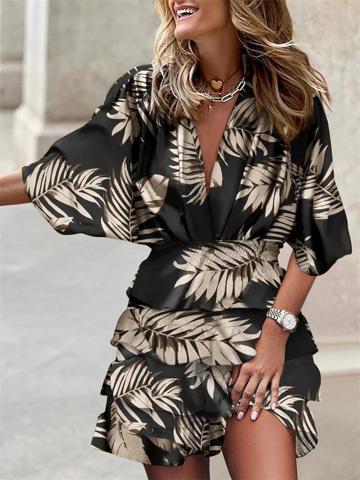 Women's Ruffled Mini Dress – V-Neck Batwing Sleeve