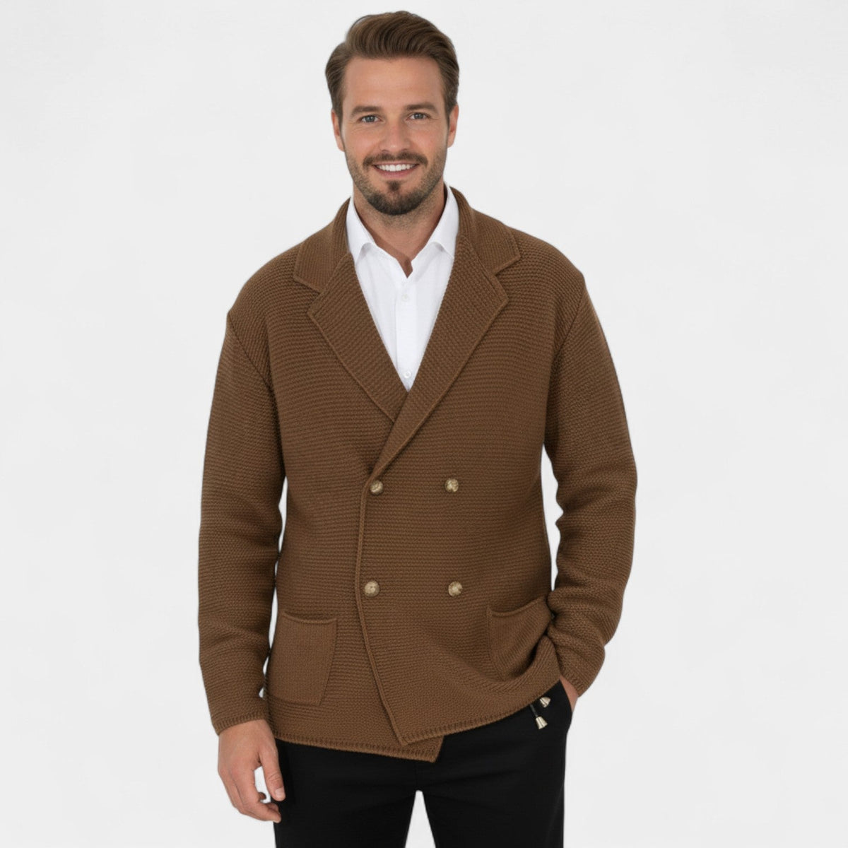 Men's Double-Breasted Knit Cardigan – Notched Lapel Tailored Fit