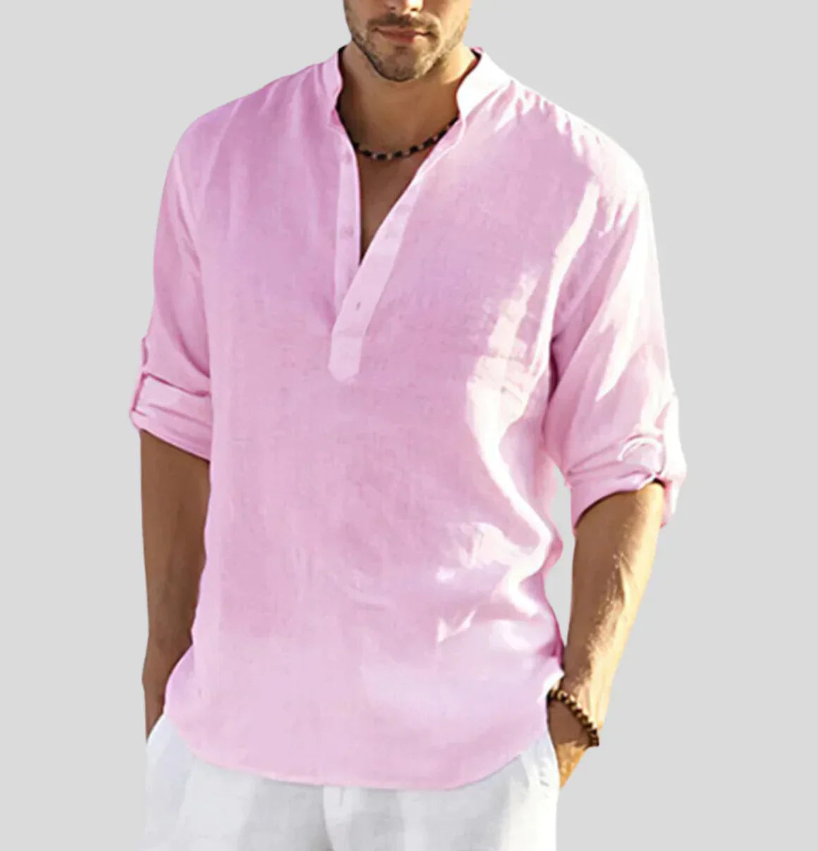 Men's Linen-Blend Shirt – Relaxed Stand Collar