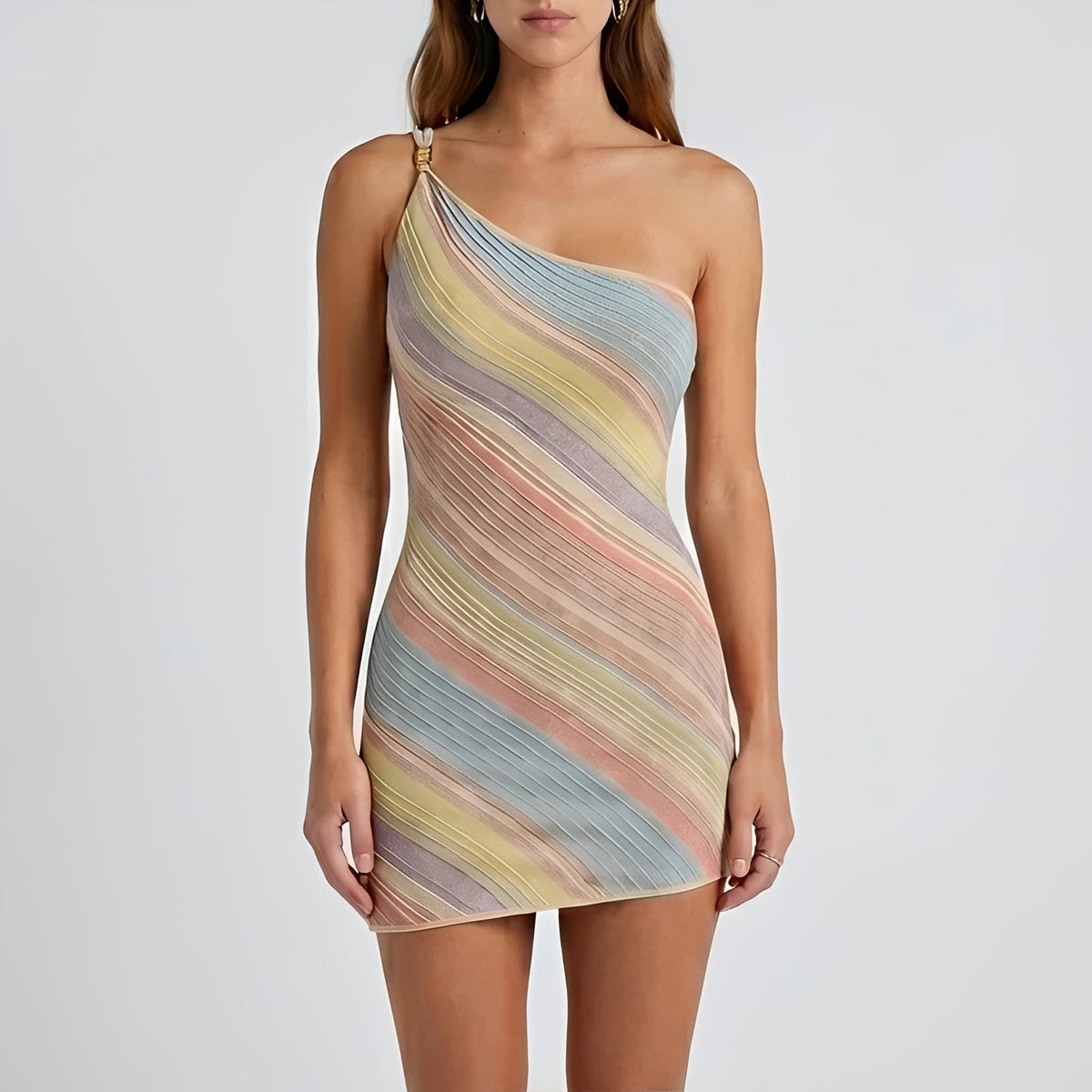 Women's Ribbed Knit Mini Dress – One-Shoulder Bodycon Fit