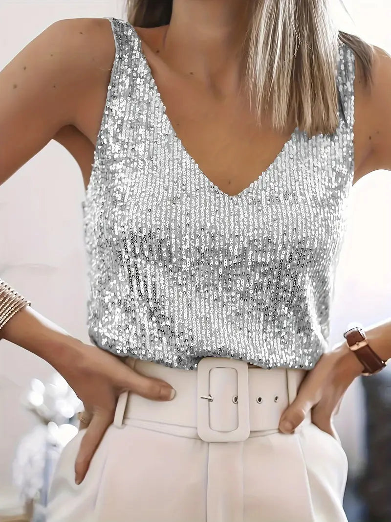 Women's Sequin Top – Sleeveless V-Neck Relaxed Fit