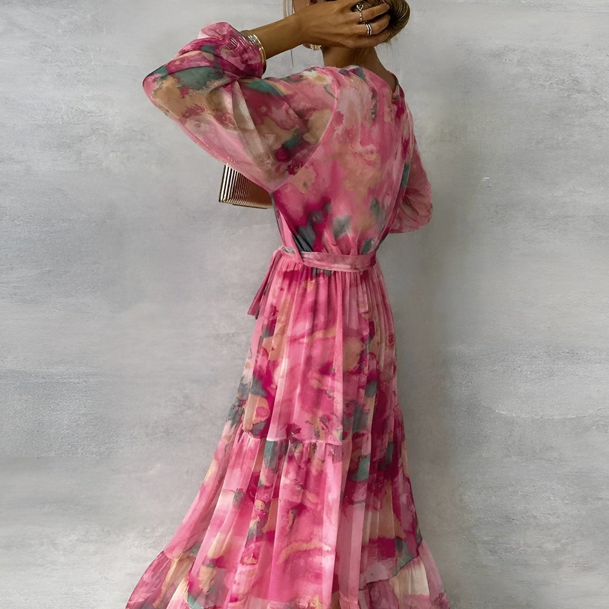 Women's Pleated Maxi Dress – V-Neck Watercolor Floral