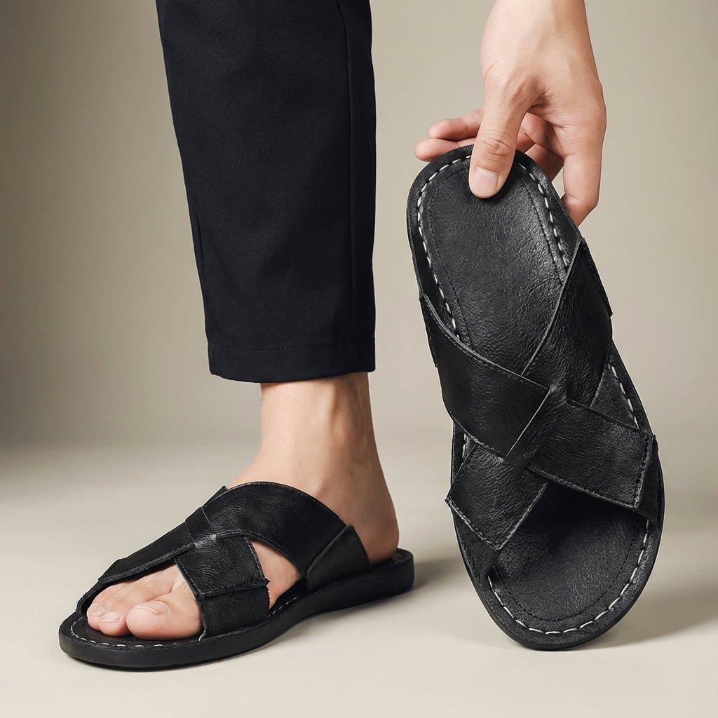 Men's Leather Slide Sandal – Cross-Strap Low Profile