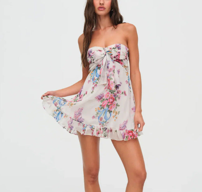 Women's Strapless Mini Dress – Bow Front Flounce Hem