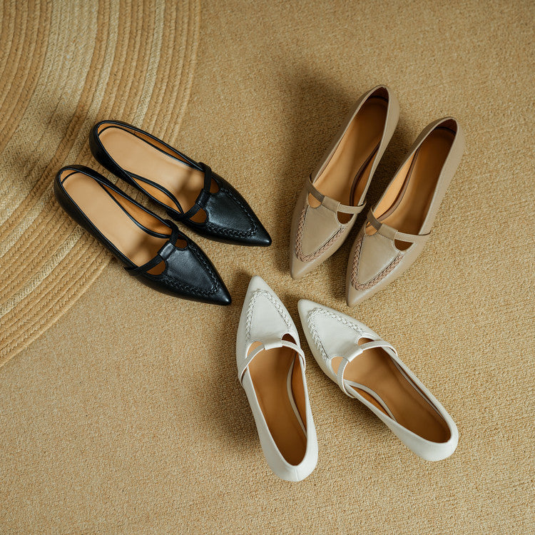 Women's Leather Pointed Toe Pumps – Braided Strap Kitten Heel