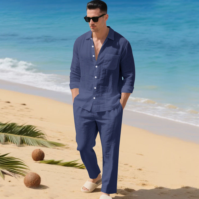 Men's Linen Shirt and Pants Set – Open Collar Relaxed Fit
