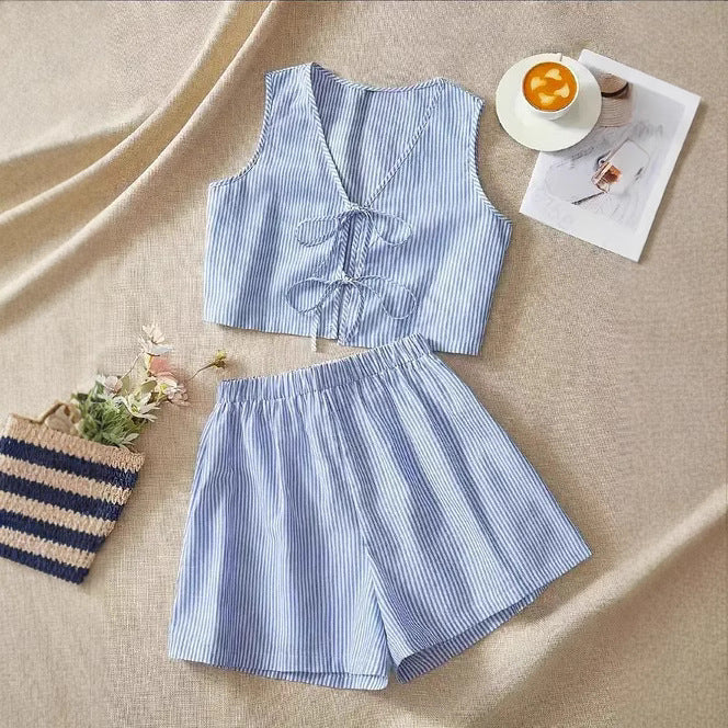 Women's Crop Top and Shorts Set – Tie-Front High-Waist