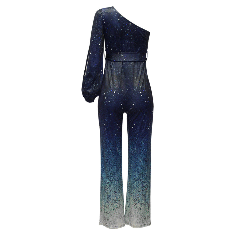 Women's One-Shoulder Jumpsuit – Ombre Wide-Leg Flare
