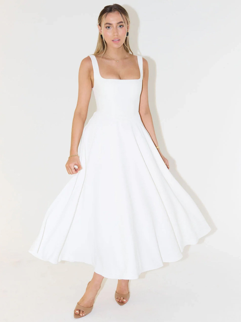 Women's Square-Neck Midi Dress – Sleeveless Flared Skirt
