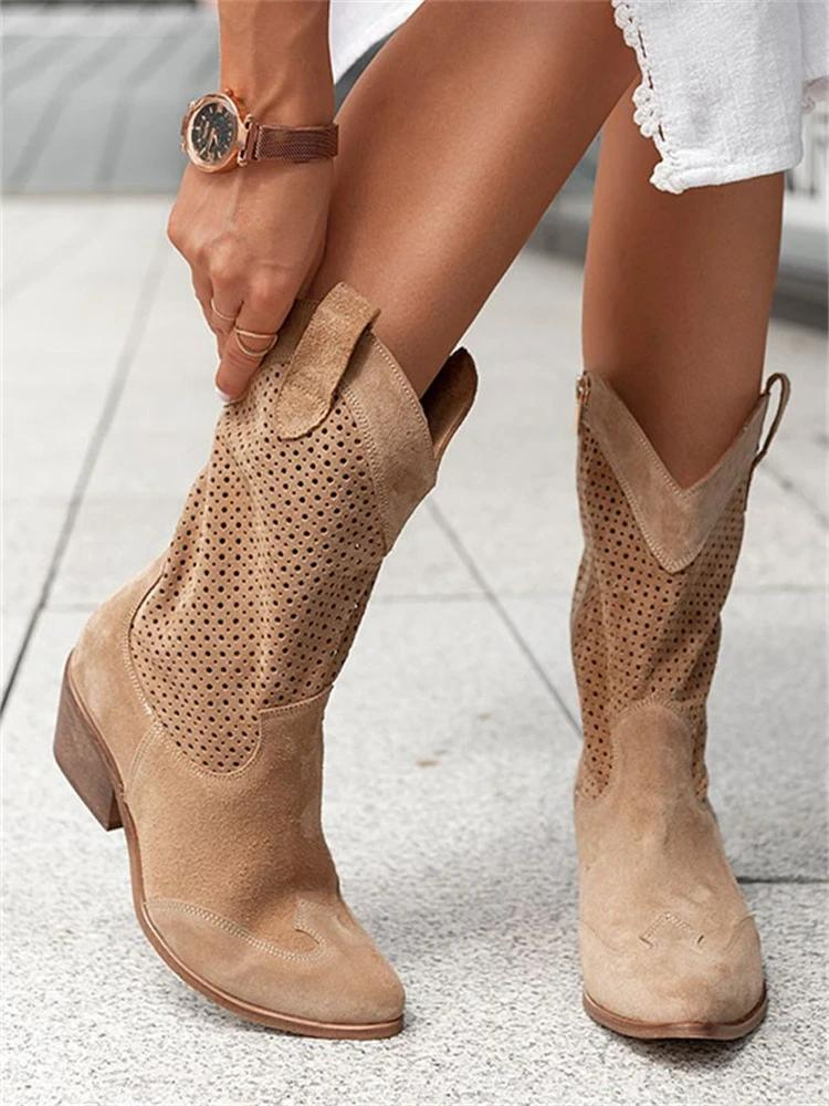 Women's Suede Cowboy Boots – Perforated Block Heel