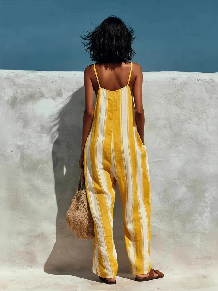 Women's Striped Wide-Leg Jumpsuit – Thin Strap Sleeveless