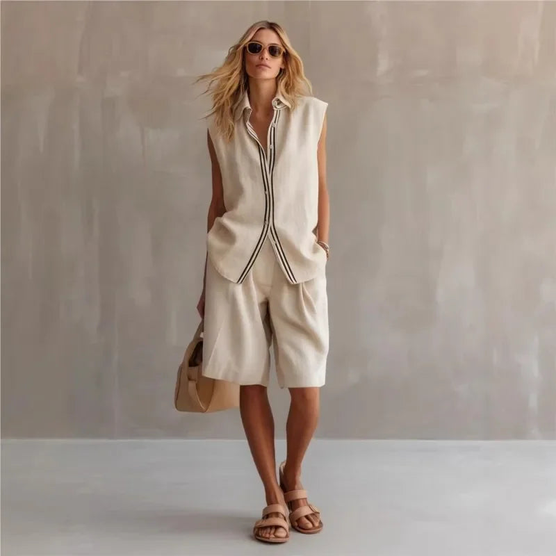 Women's Linen Two-Piece Set – Sleeveless Relaxed Fit