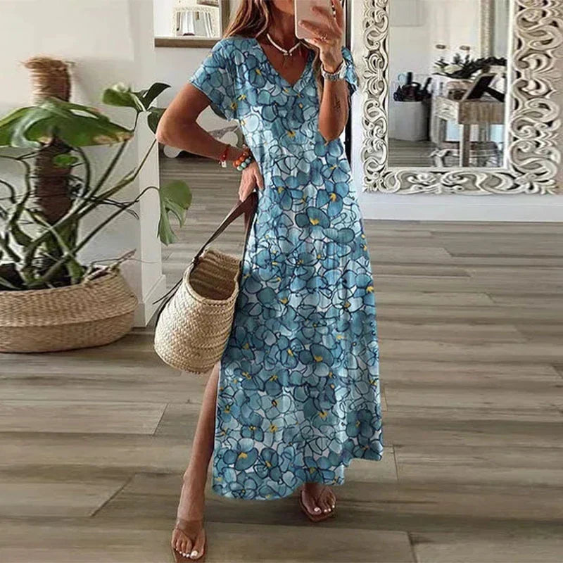 Women's Boho Maxi Dress – V-Neck Short Sleeve