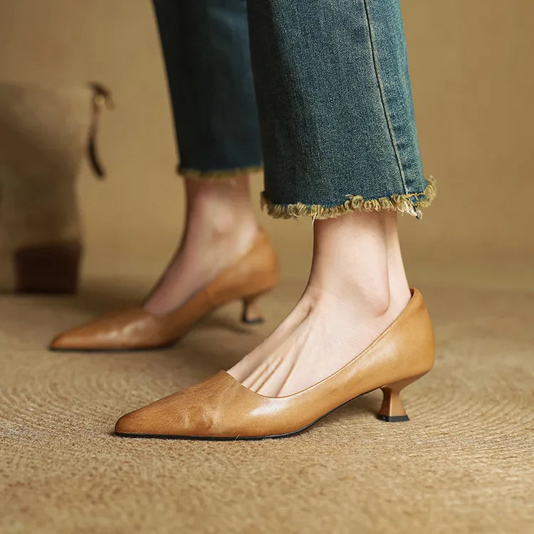 Women's Leather Kitten Heel Pumps – Pointed Toe