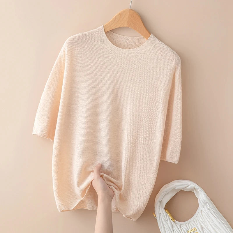 Women's Short-Sleeve Knit Sweater – Fine Crew Neck